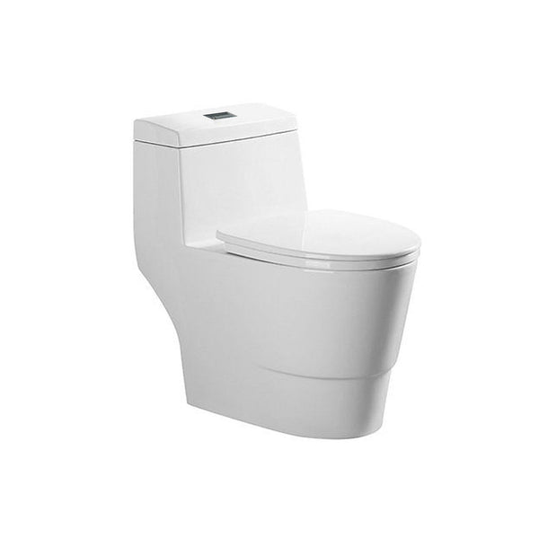 One-piece, elongated, dual-flush toilet