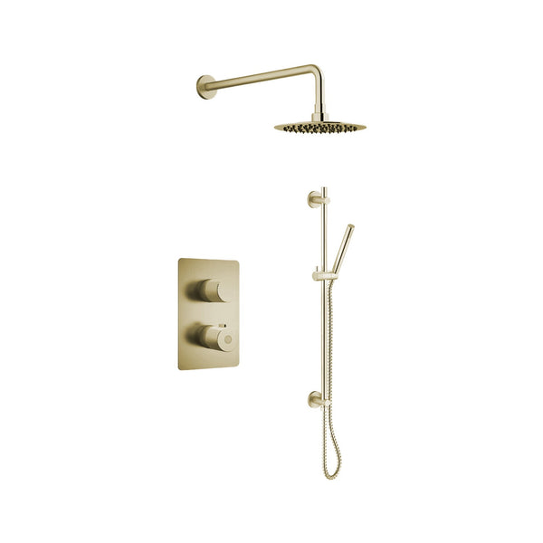 Thermostatic Shower Set Including Shower Head, Handshower On Rail And Valve In Brushed brass (gold)