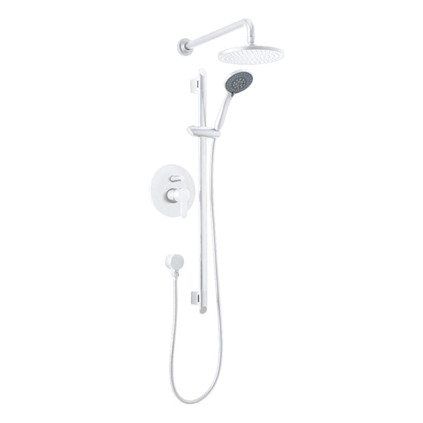 Matte white round shower kit: Rain shower and hand shower spout